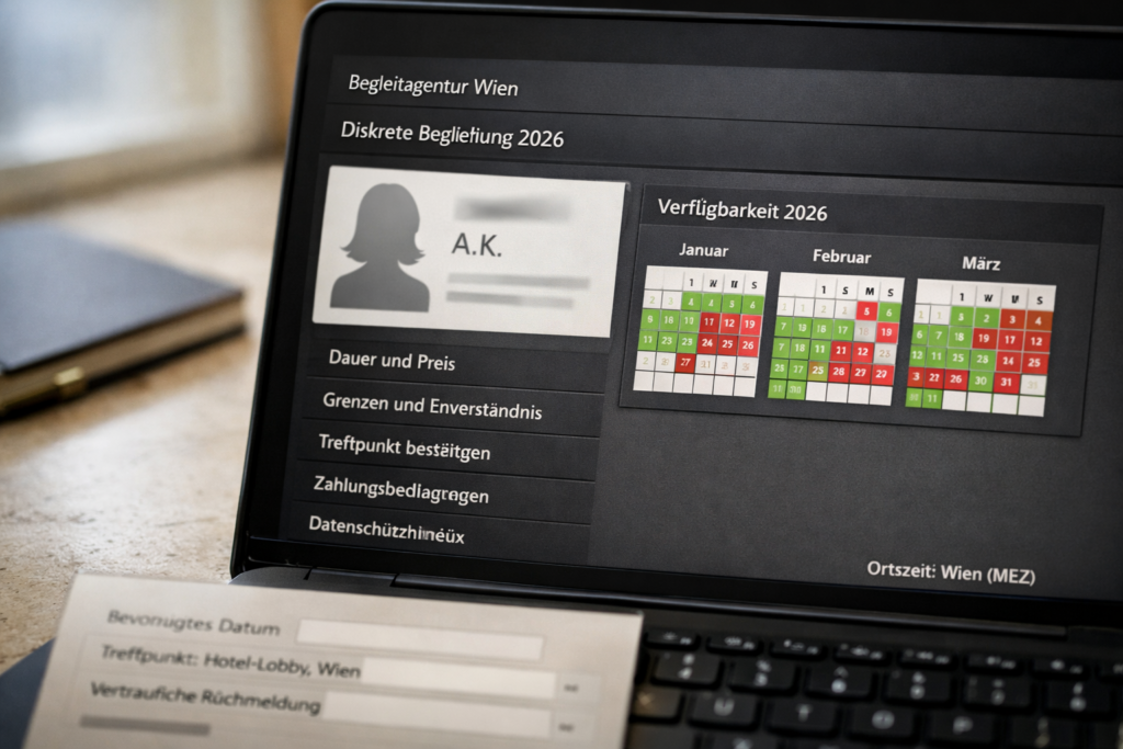 Begleitagentur Wien auf schwarzem Laptop: anonymisiertes Profil, Verfügbarkeitskalender 2026 und diskretes Buchungsformular.