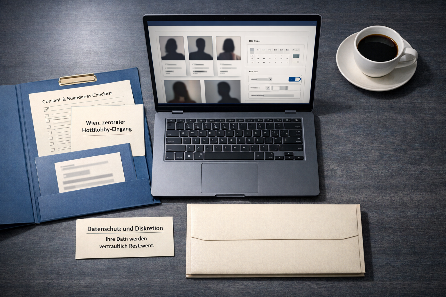 Flatlay eines Laptops und Datenschutzunterlagen einer begleitagentur wien, mit diskreten Profilen, Kalender und vertraulichen Kontaktdaten.
