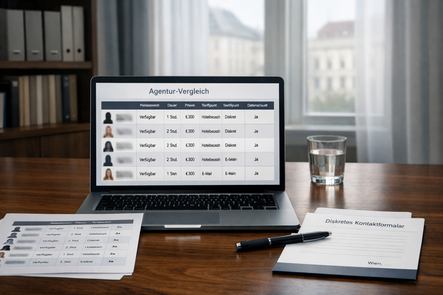 Privates Wiener Büro mit Laptop-Dashboard einer begleitagentur wien, Vergleichsdaten, Datenschutz- und Einverständnisfeldern.