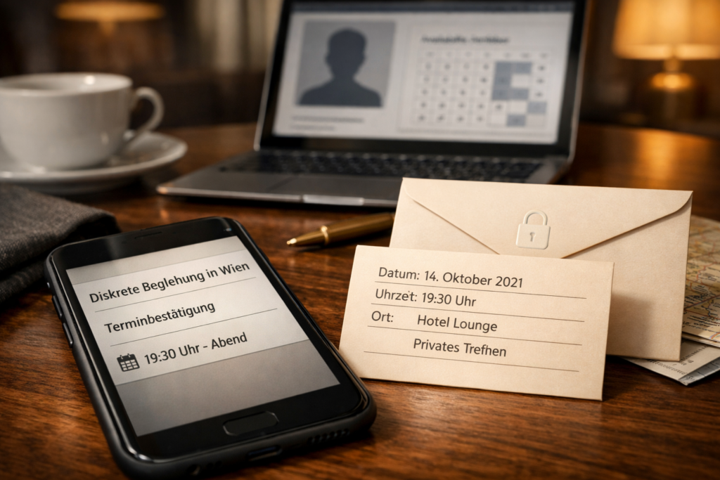 Smartphone mit Terminbestätigung und Karte für privates Treffen in Wien; diskrete Escort-Planung im Hotellounge-Ambiente, „disktrete escort wien“