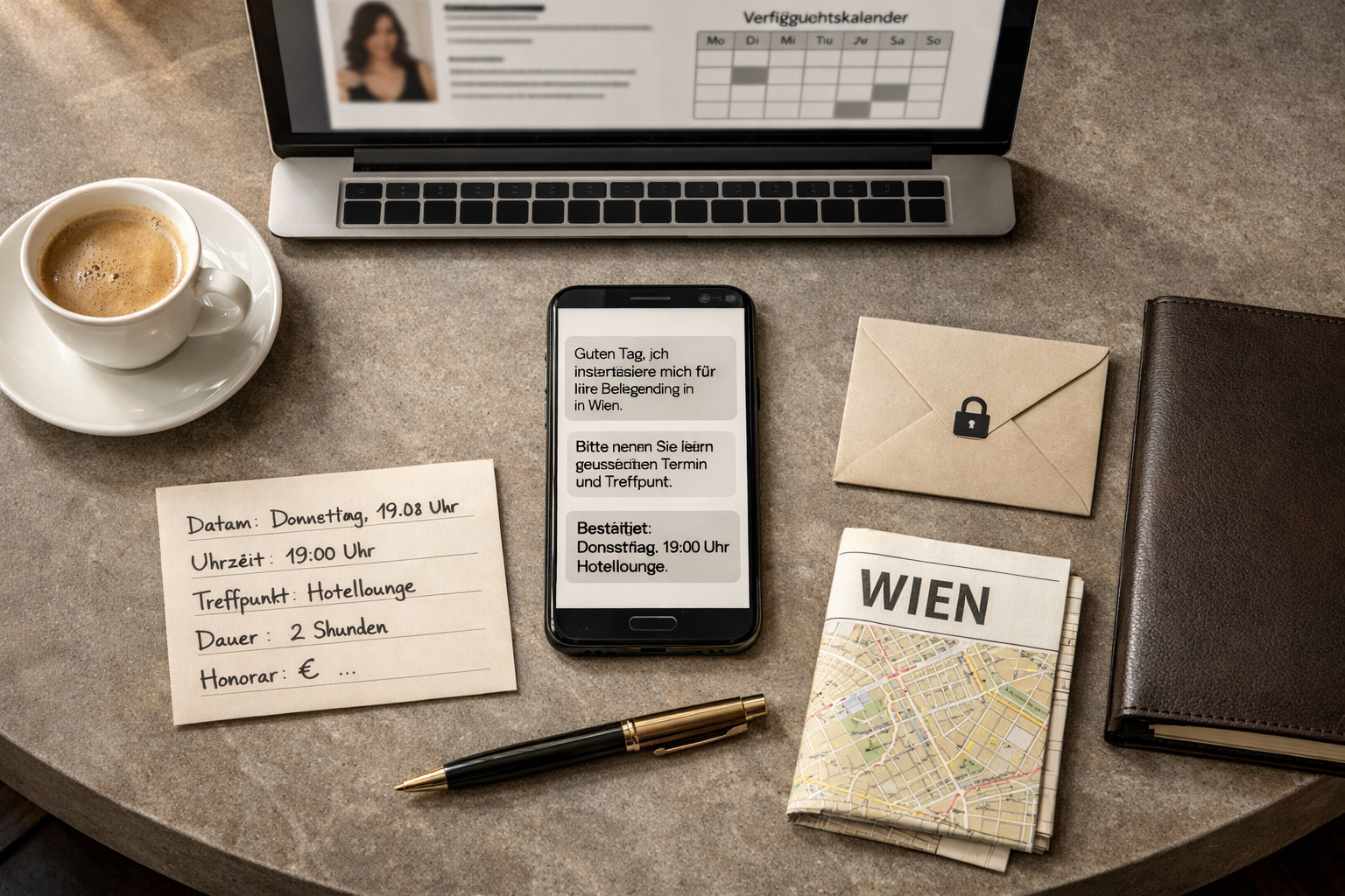 Diskreter Wiener Hotel-Loungetisch mit Terminchat, Kalender und Notizkarte zur Begleitung – disktrete escort wien