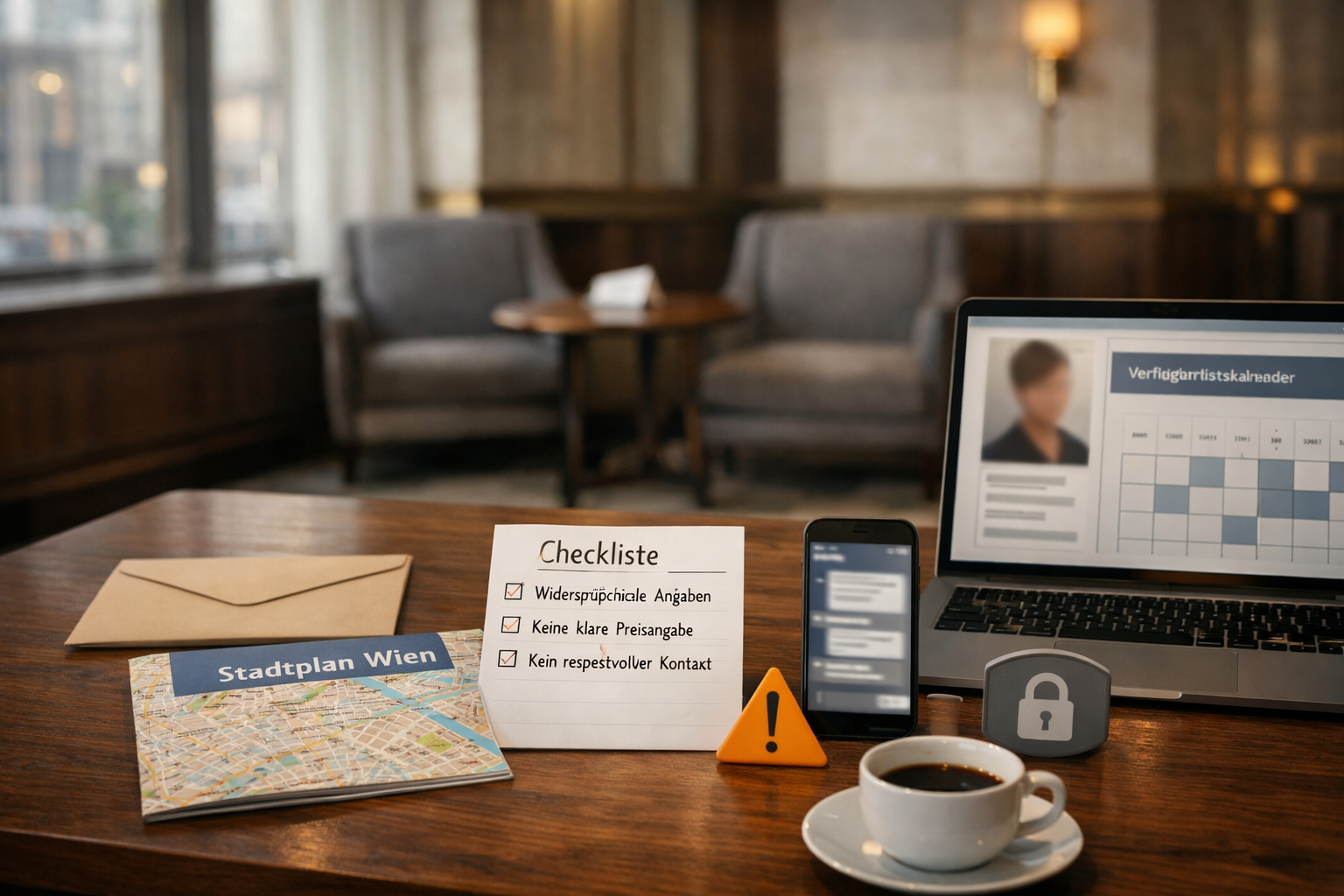 Ruhige Wiener Hotellounge mit Stadtplan, Checkliste, Smartphone und Laptop zur diskreten Terminplanung: disktrete escort wien.