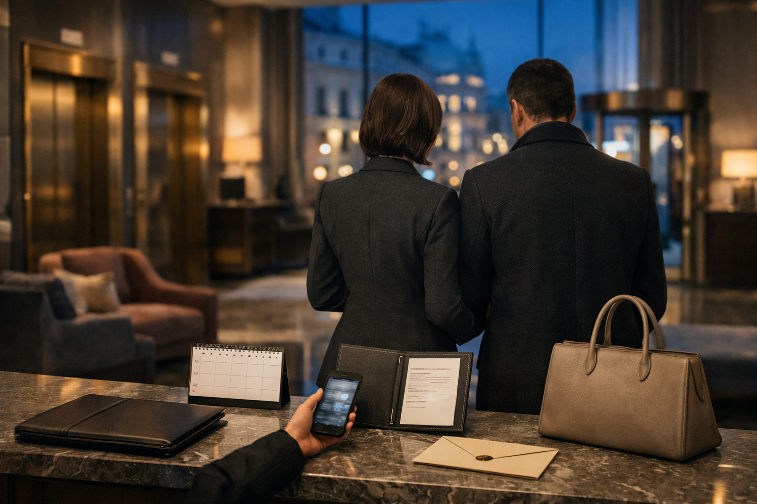Wiener Hotellobby mit diskretem Begleiter und Kunde, Reiseunterlagen und Smartphone; stilvolle Abendstimmung für luxus escort wien