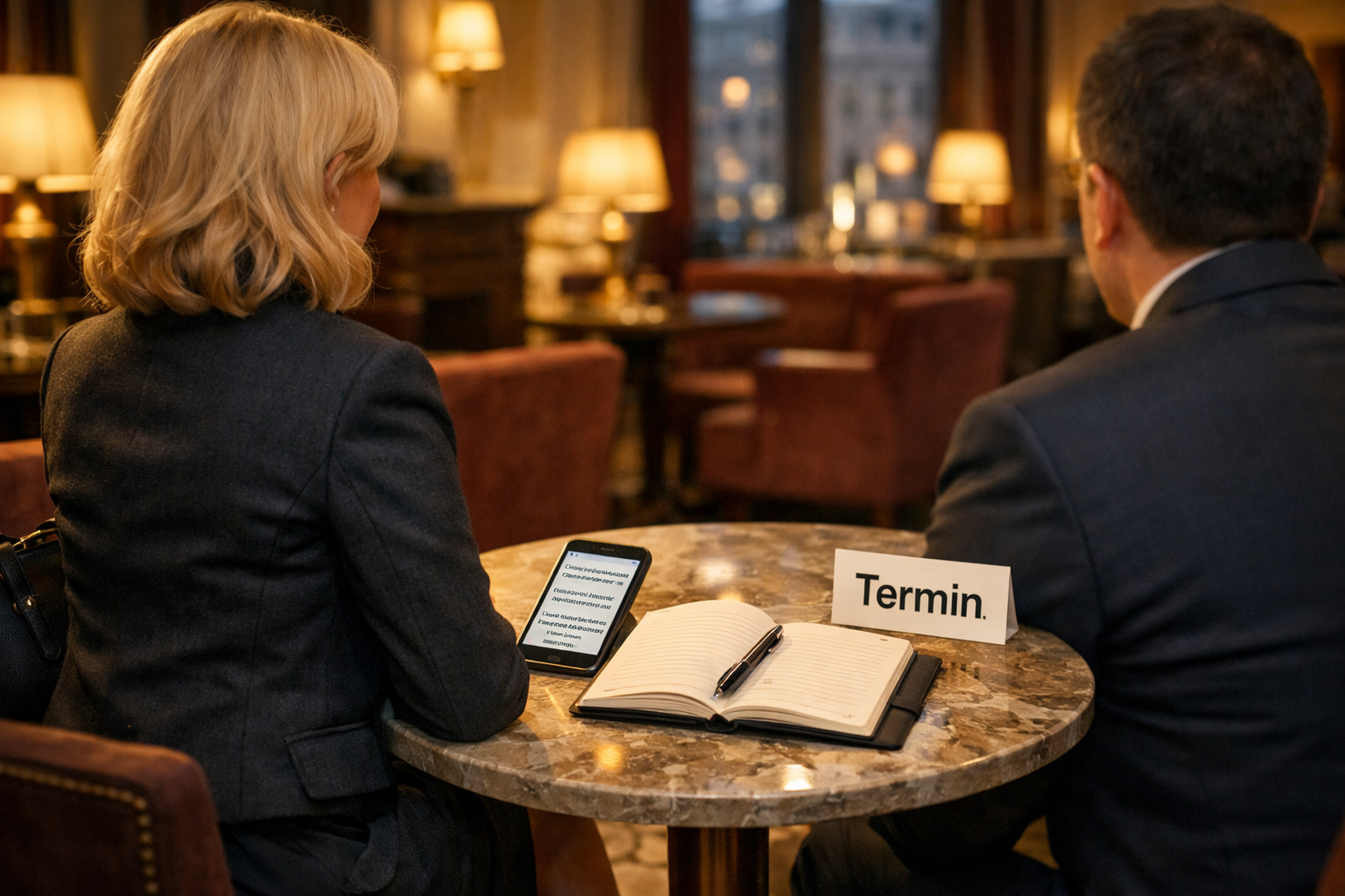Blonde escort Vienna im Wiener Hotellounge beim diskreten Buchungsgespräch mit Smartphone, Terminplaner und Gesprächspartner.
