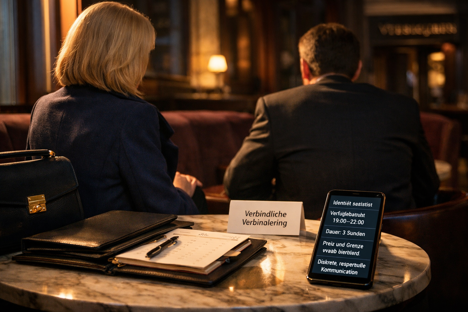 Blonde escort Vienna im Wiener Hotel-Loungegespräch; deutscher Buchungsplan und Smartphone mit Bestätigungen liegen auf dem Marmortisch.