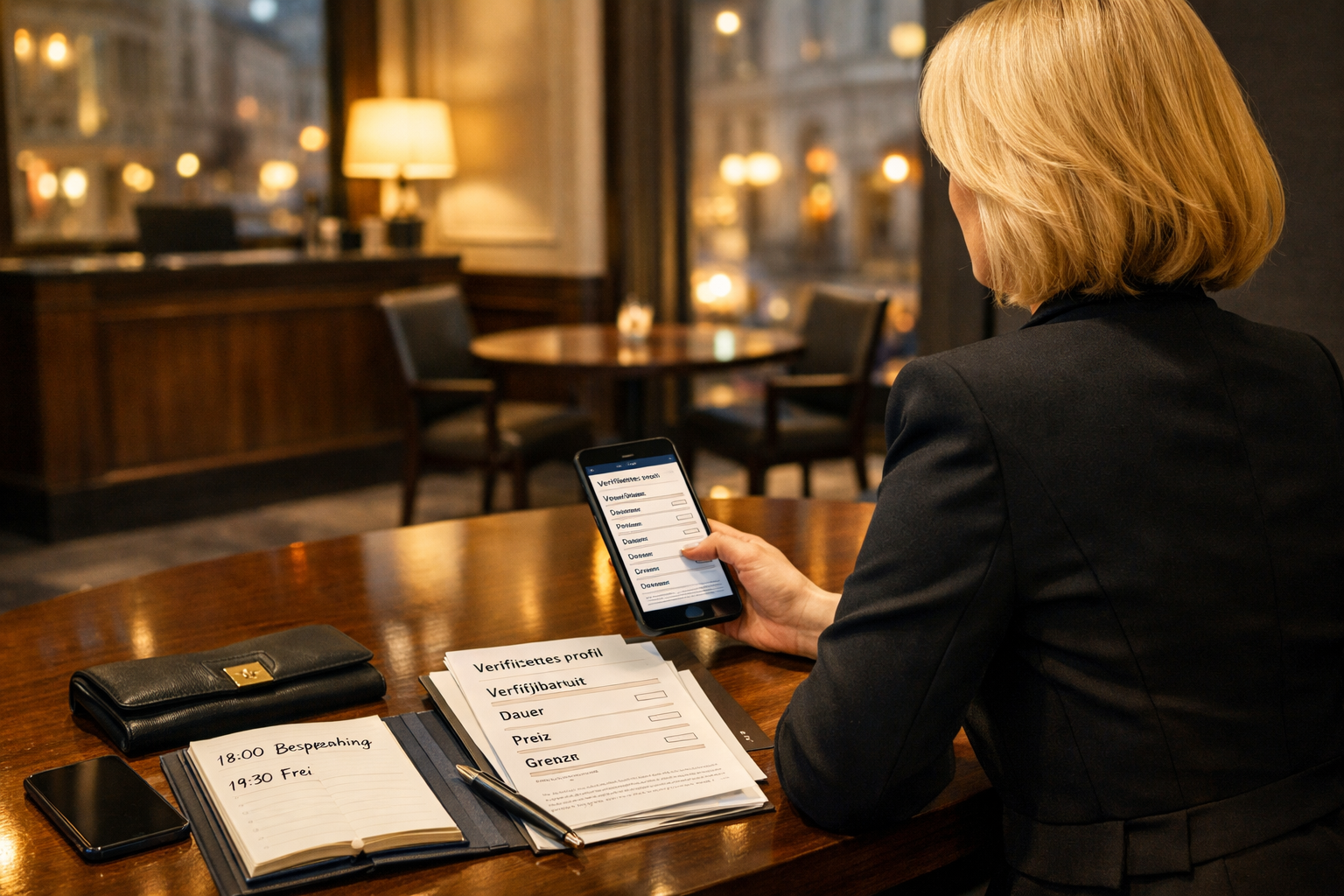 Blonde escort Vienna prüft am Hoteltisch Buchungsprofil, Verfügbarkeit und Identitätsunterlagen am Smartphone.