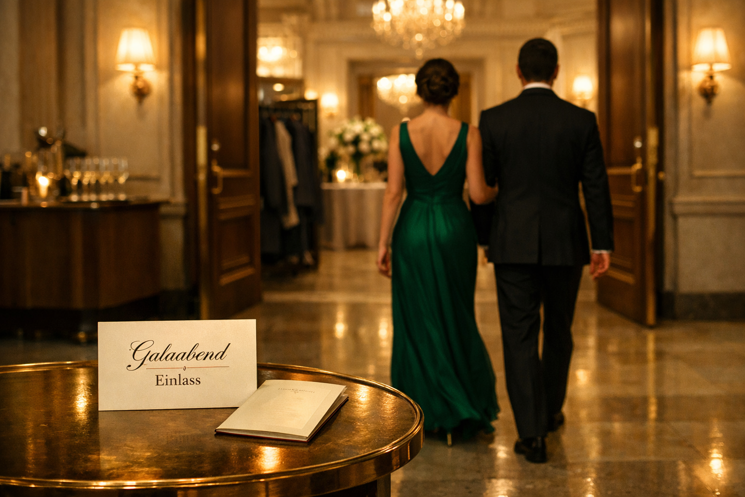 Zwei elegante Ankommende bei einer Wiener Gala, Einladung „Galaabend“ und „Einlass“; VIP escort for events Vienna.