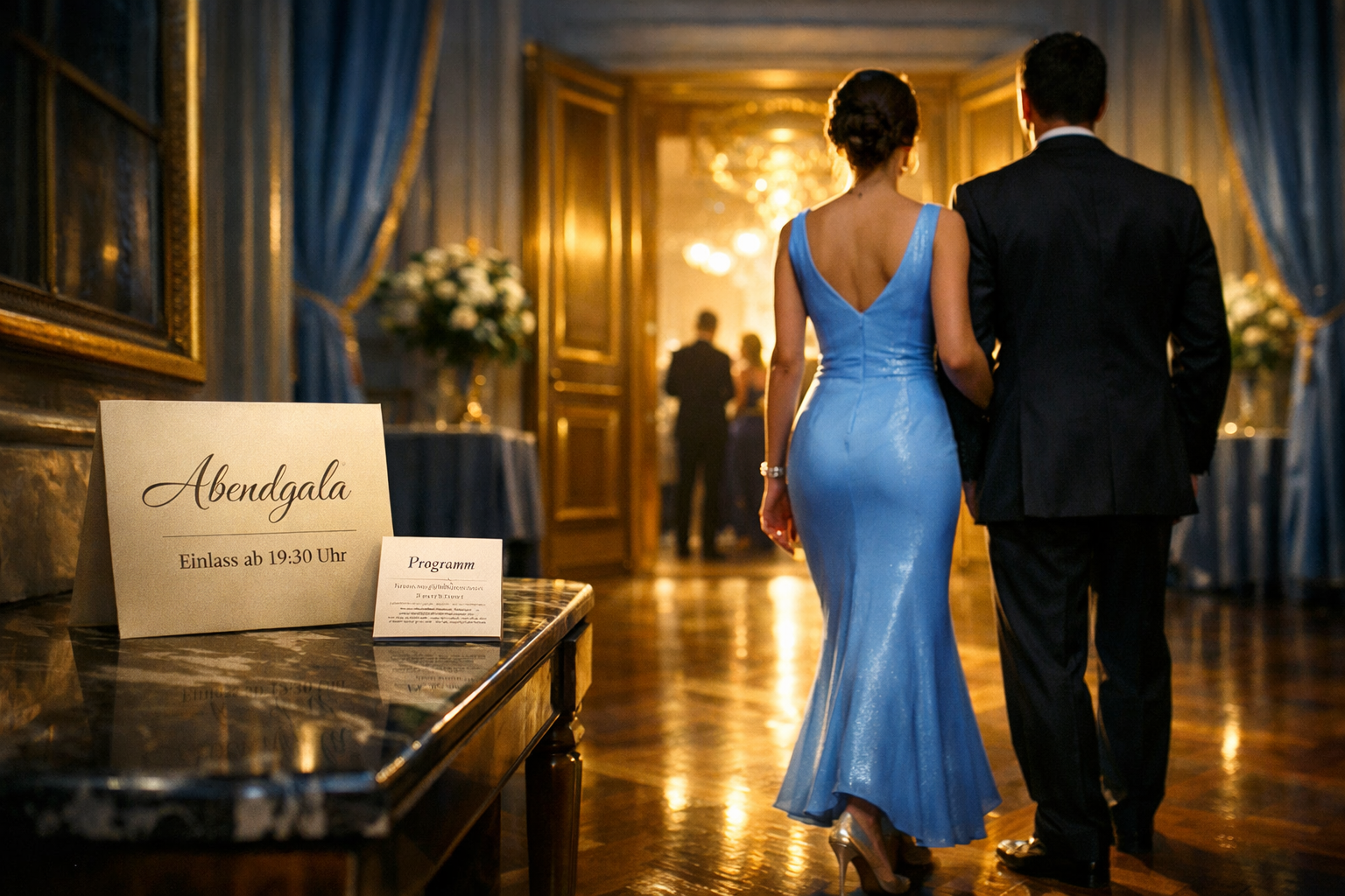 VIP escort for events Vienna: Elegantes Paar vor einer Gala im Wiener Palais-Stil, Einladung mit „Abendgala“ und „Einlass“.