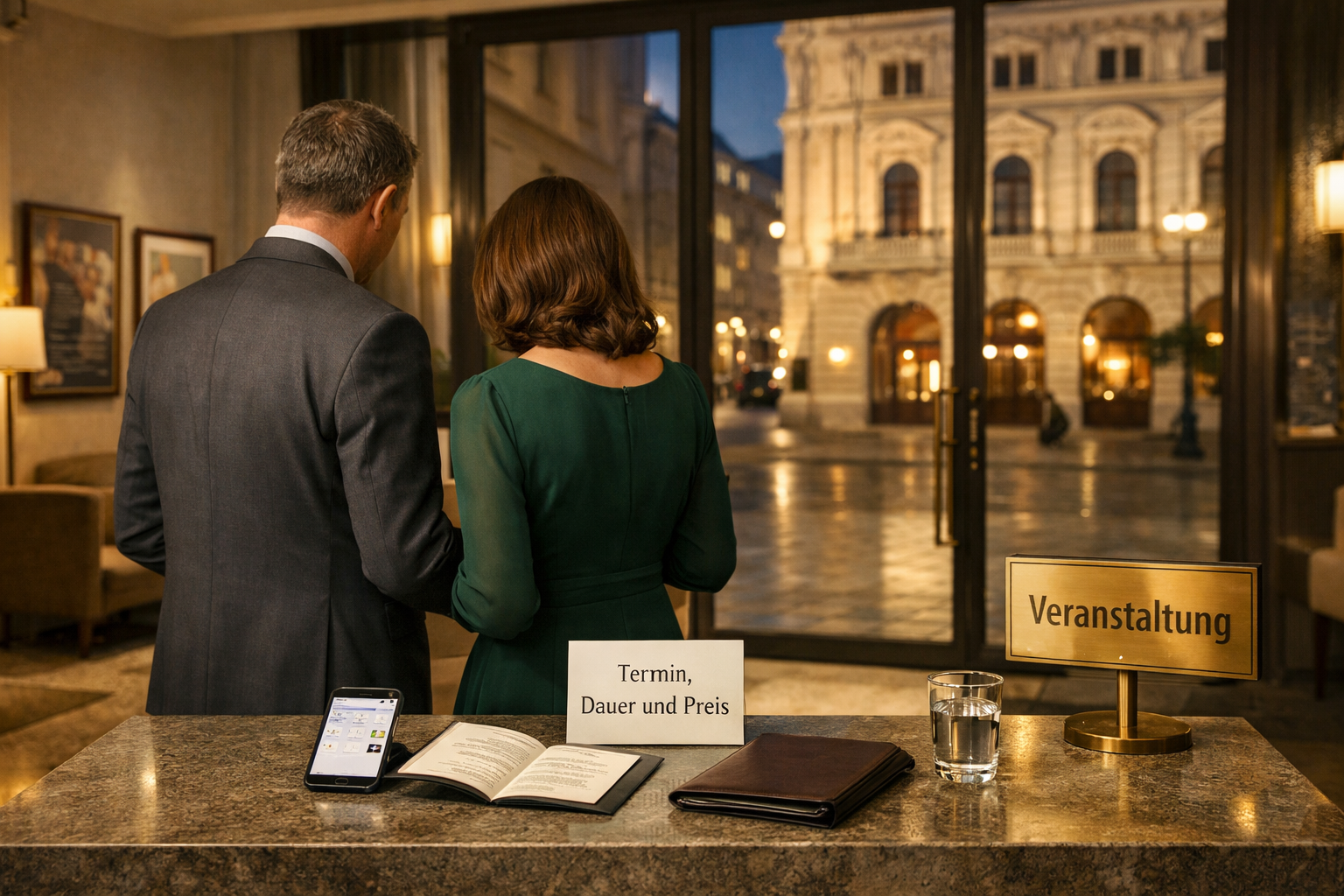 Austria Vienna escort: Zwei Personen beraten im eleganten Wiener Veranstaltungsfoyer über Termin, Dauer und Preis.