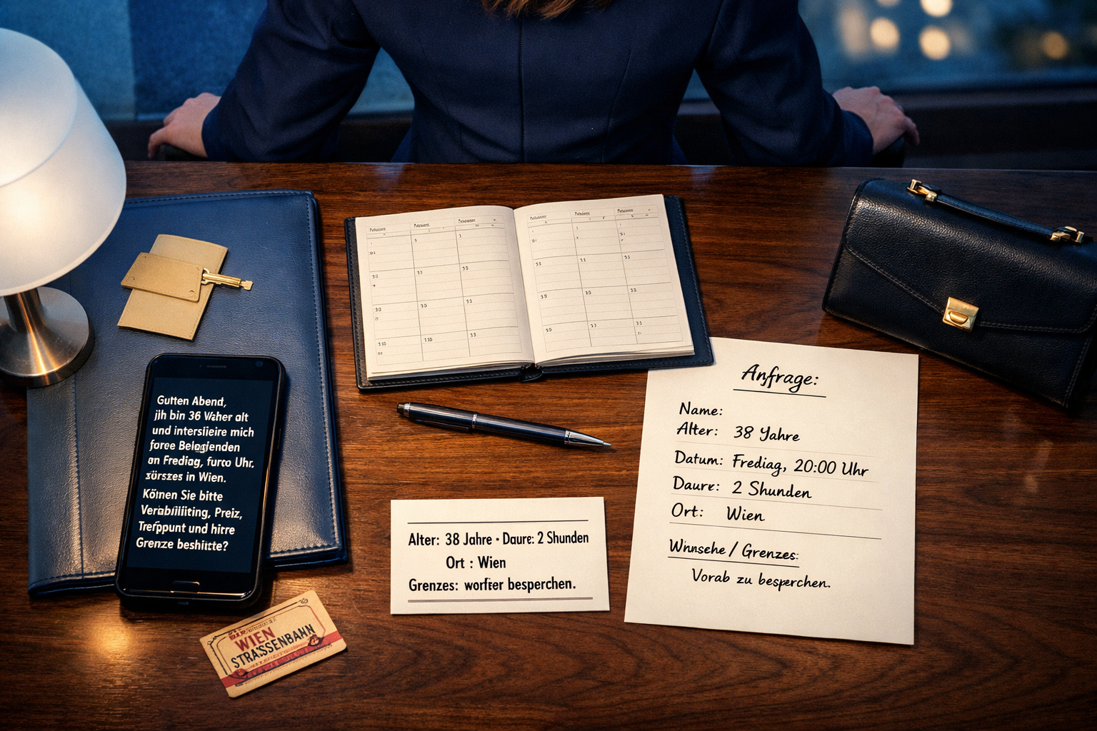 Flatlay im Wiener Hotellounge: Smartphone mit Anfrage, Kalender und Folio; weibliche Begleitung ohne Gesicht, Schlüsselkarte – wien escort babyblue