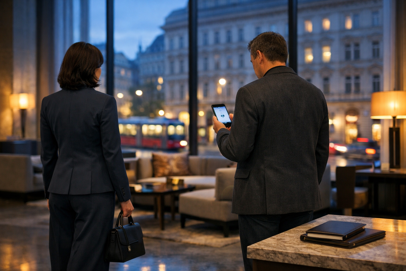 Wiener Hotellobby mit zwei erwachsenen Personen, Smartphone und Stadtblick; wien escort babyblue, private Atmosphäre.