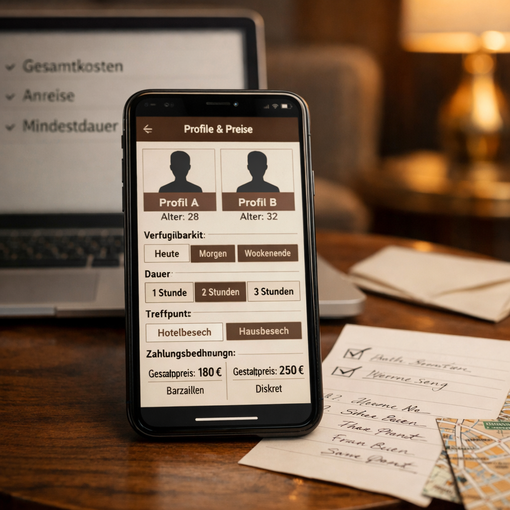 Smartphone mit Preisvergleich fu00fcr u201eBeste Gu00fcnstige escort in Wienu201c neben Laptop und Checkliste im eleganten Wiener Lounge-Setting.