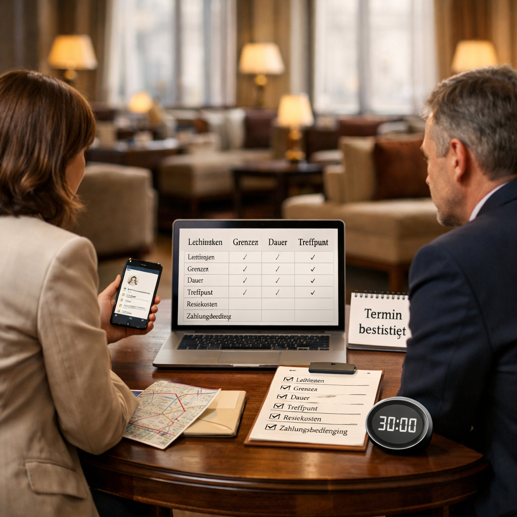 Elegante Wiener Hotellounge: Beratung einer Kundin mit Smartphone, Laptop und Terminplanung; „Beste Günstige escort in Wien“.