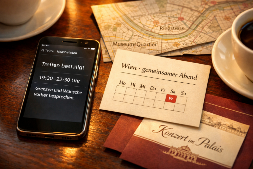 Smartphone mit u201eTreffen bestu00e4tigtu201c, Zeitangabe und Grenzen neben Wiener Karte, Terminkarte und Konzertticket; Zeit fu00fcr etwas echte Klarheit.