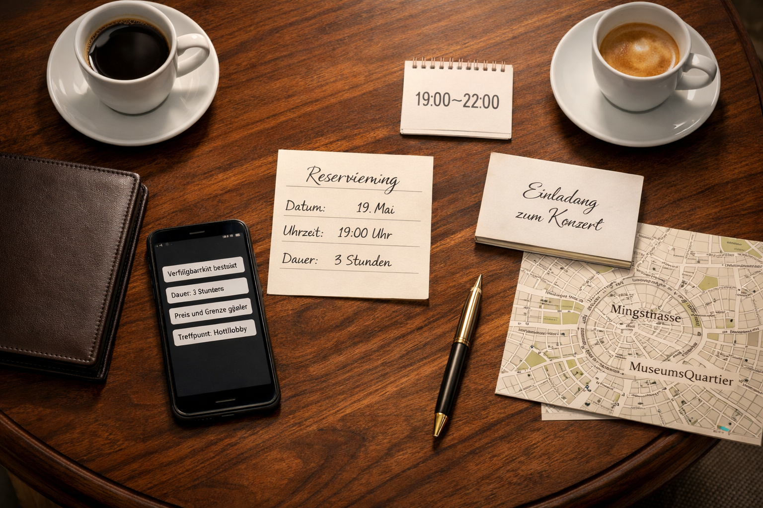 Zeit für etwas echte Planung: Wiener Hotellounge mit Chat, Buchungskarte, Kalender, Stadtplan und Kaffee.