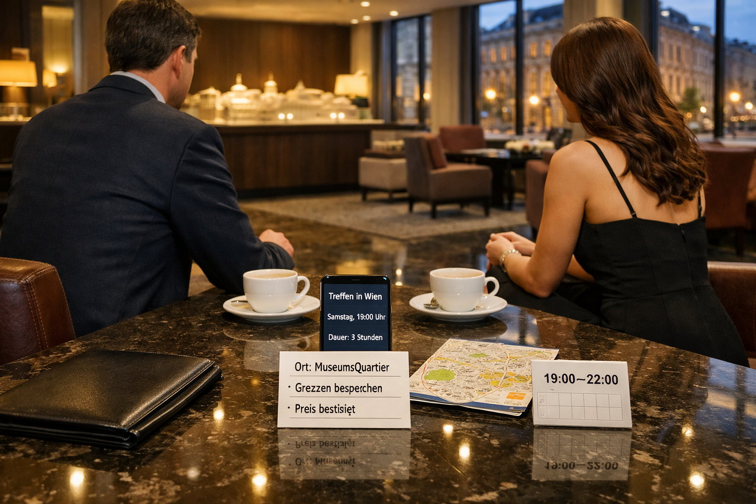 Wiener Hotellobby: Zwei Erwachsene planen diskret ein Treffen; Smartphone, Karte und Kalender zeigen „Zeit für etwas echte“.