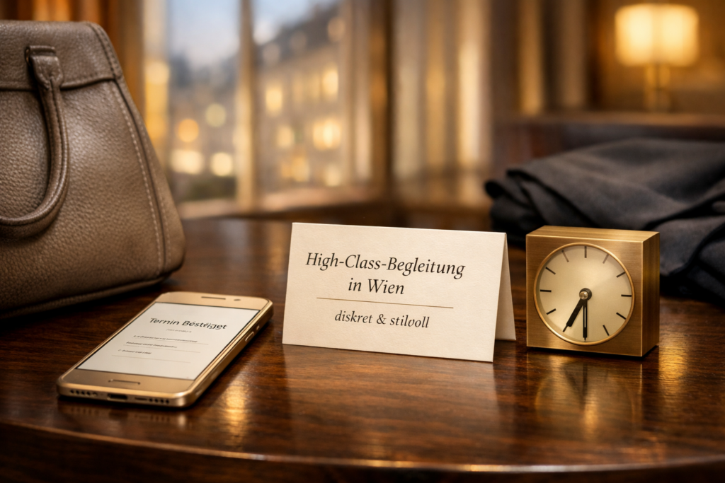 Ihre high class escort: Handtasche, Smartphone und Einladung auf Wiener Hoteltisch neben goldener Uhr.