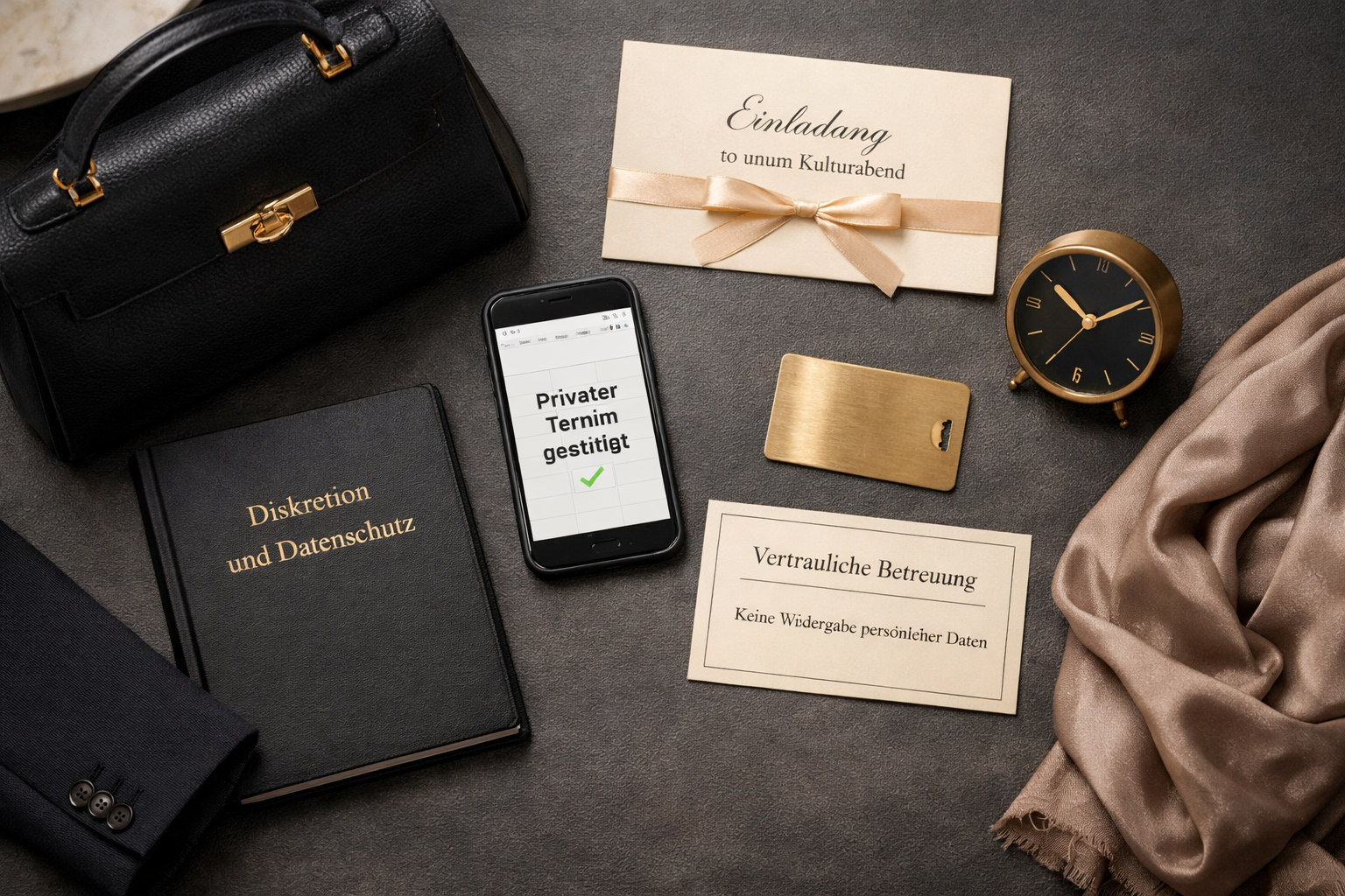 Flatlay mit Handtasche, Einladung, Kalender und Diskretionshinweisen auf Wiener Hoteldesk; Ihre high class escort diskret geplant.