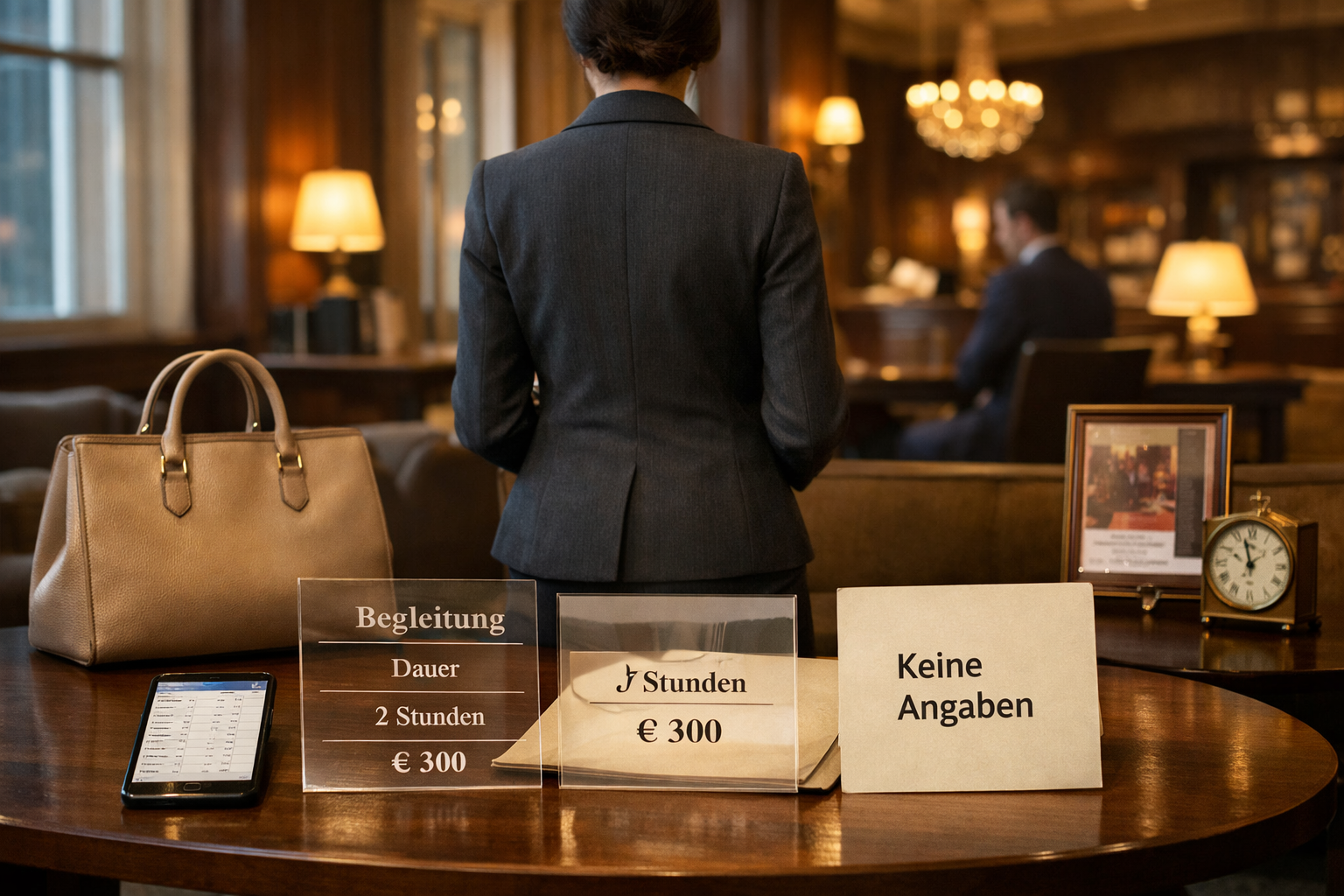 Ihre high class escort prüft im Wiener Hotellounge diskret Terminoptionen, Preise und Leistungen am Tisch.