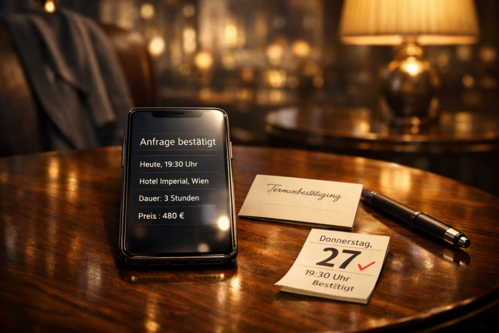 Premium escort service Vienna: Smartphone mit bestu00e4tigter Anfrage auf Wiener Hotel-Lounge-Tisch, daneben Karte, Stift und Kalender.