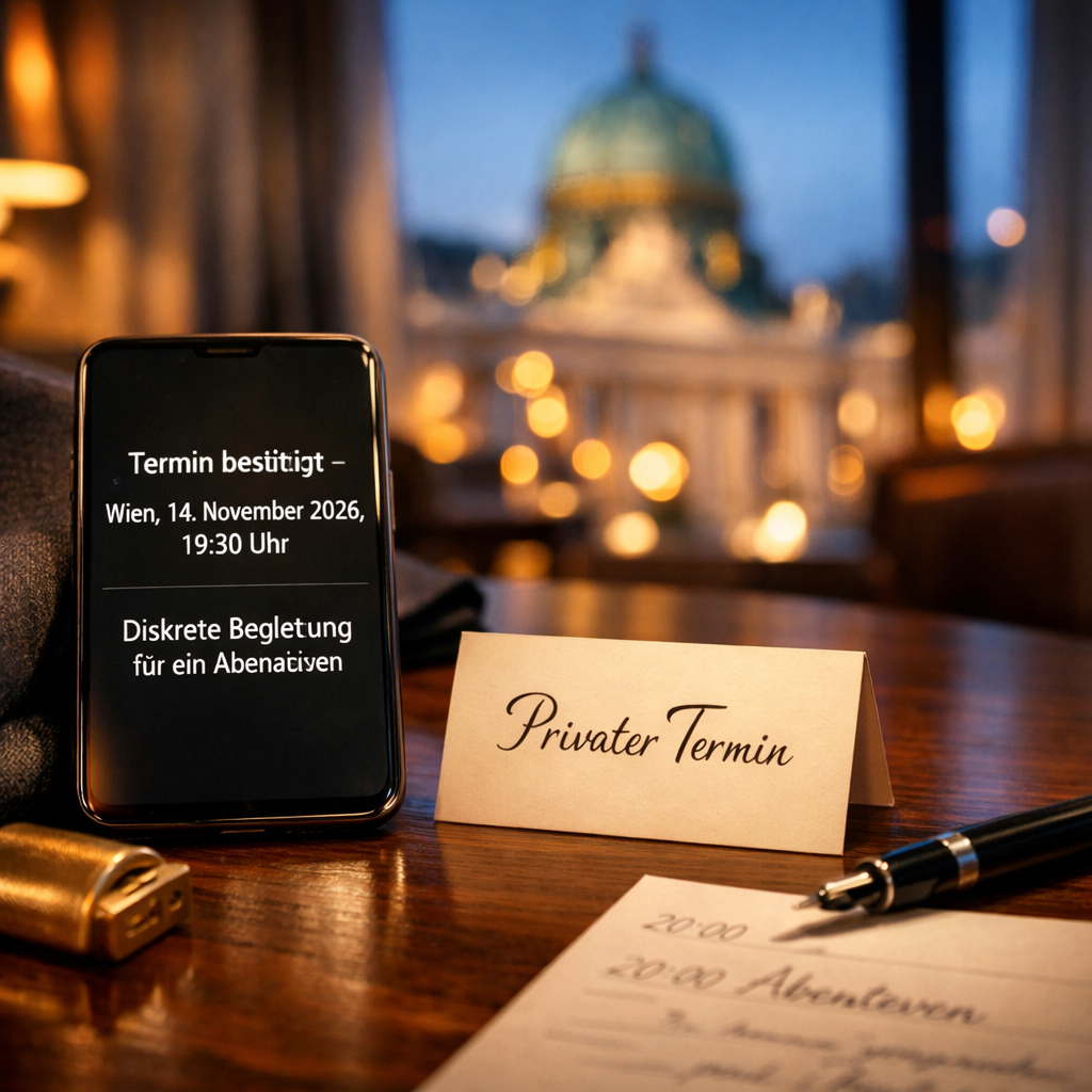 Luxury Escort Vienna: Smartphone mit Terminbestu00e4tigung und Karte u201ePrivater Terminu201c auf edlem Walnussholz, Wiens Hofburg im Bokeh.