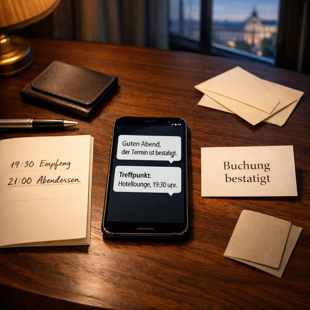 Luxury Escort Vienna: Smartphone mit bestätigter Buchung, deutschem Terminplan und eleganten Accessoires auf Wiener Hoteltisch.