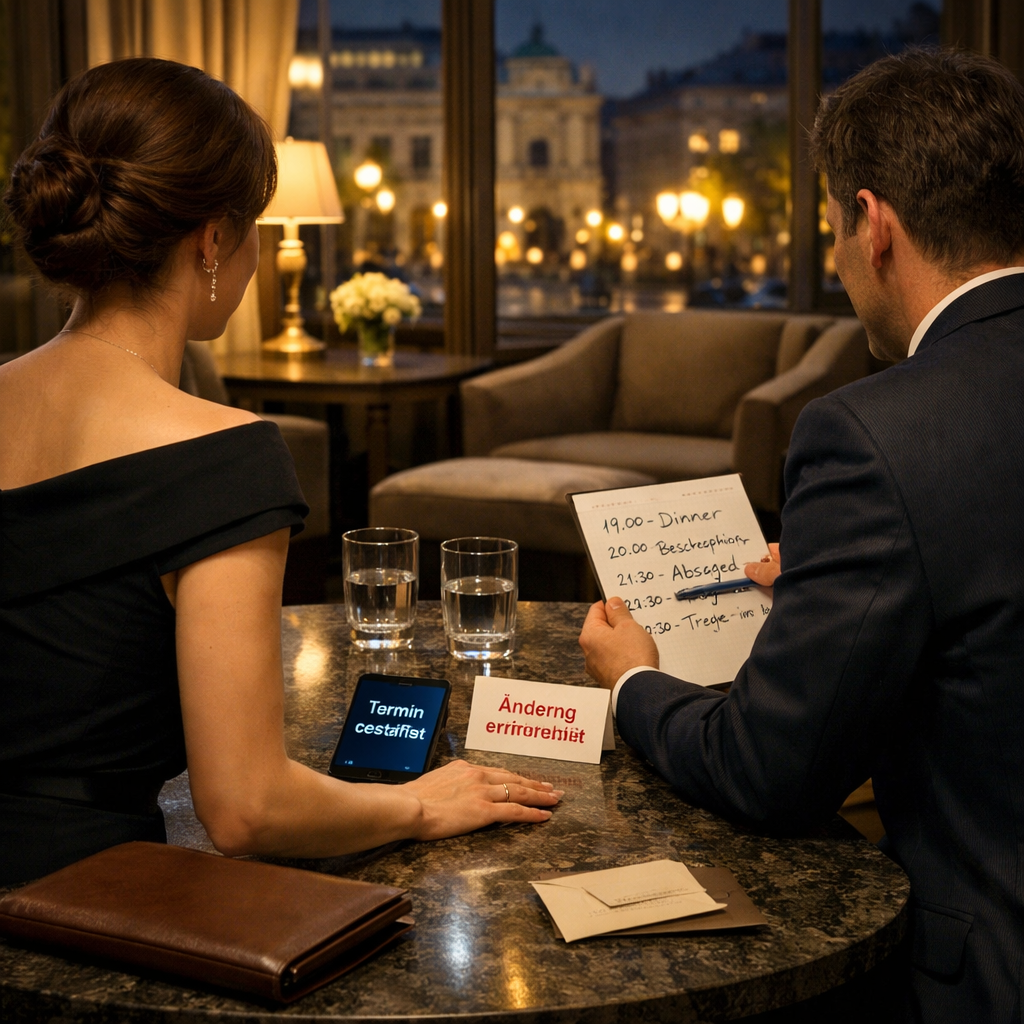 Luxury Escort Vienna: Elegantes Paar von hinten in Wiener Hotellounge, Smartphone mit „Termin bestätigt“ und geänderter Terminnotiz.