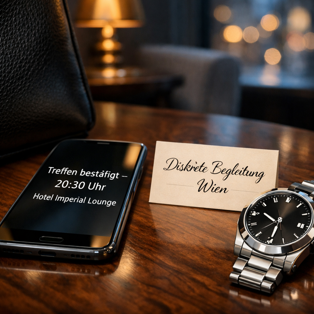 VIP escort Vienna: Smartphone mit Terminbestu00e4tigung, Karte u201eDiskrete Begleitung Wienu201c und Uhr auf Wiener Lounge-Tisch.
