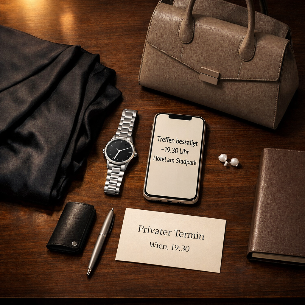 Diskrete Vorbereitung für einen VIP escort Vienna: Abendoutfit, Handtasche, Uhr, Smartphone und Terminunterlagen auf Hoteltisch.