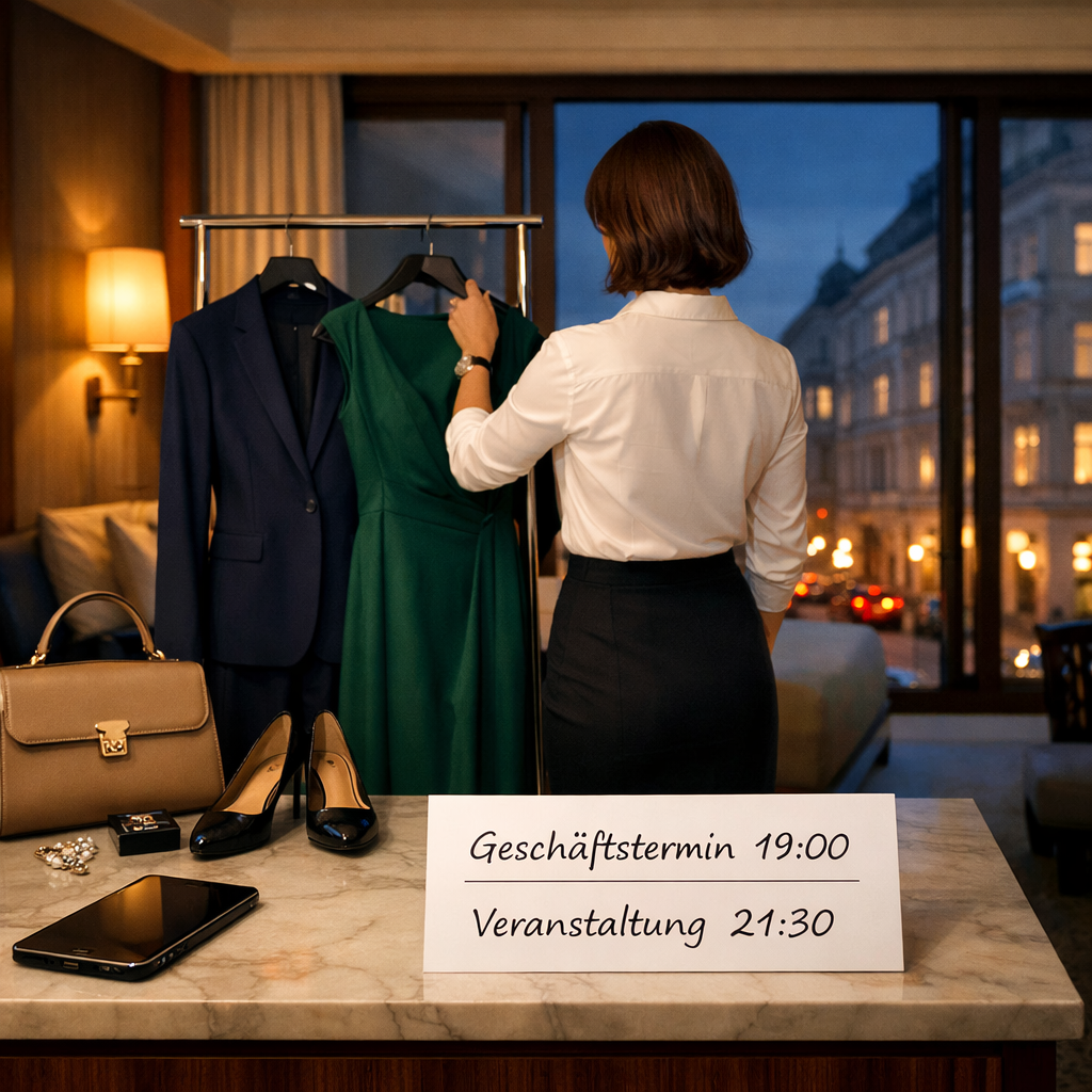 VIP escort Vienna: Frau wählt in einer Wiener Hotelsuite zwischen marineblauem Anzug und smaragdgrünem Kleid für zwei Termine.