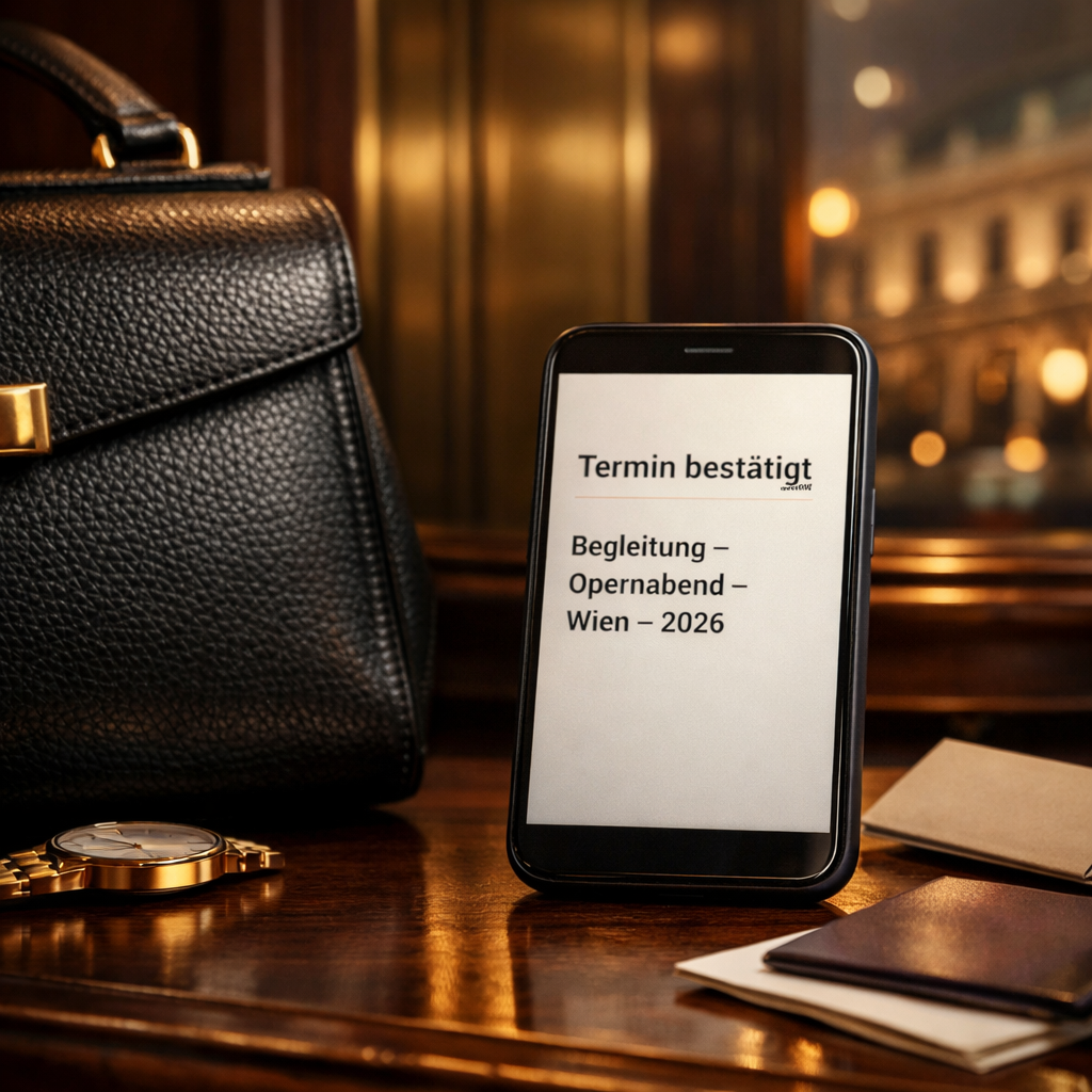 Smartphone mit Terminbestu00e4tigung u201eTermin bestu00e4tigtu201c neben schwarzer Ledertasche im Wiener Hotellobby-Interieur u2013 High Class escort Vienna