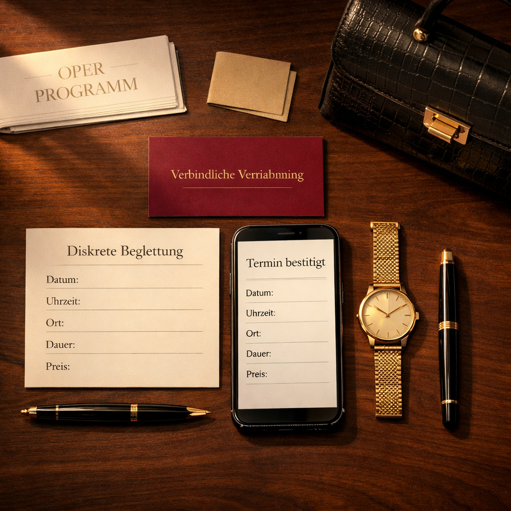 High Class escort Vienna: Terminbestätigung, Einladung, Kalender, Uhr und Ledertasche auf Walnussholz.