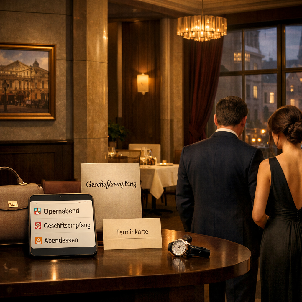 High Class escort Vienna im eleganten Hotellobby-Beratungsgespräch mit Kalender für Oper, Empfang und Abendessen.