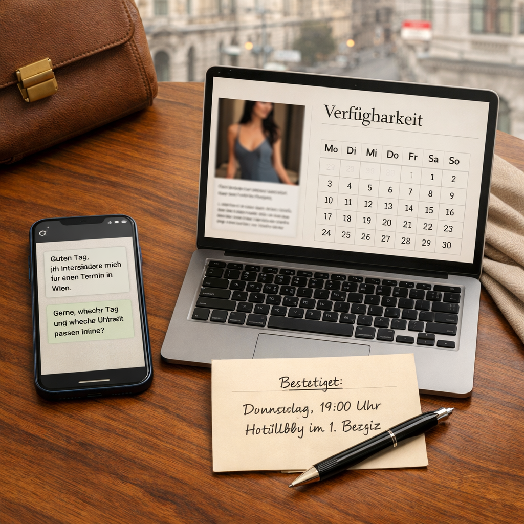 Escort in Vienna Austria: Flatlay mit Smartphone, Laptop, Terminbestätigung und deutschen Verfügbarkeitsangaben auf Wiener Café-Tisch.