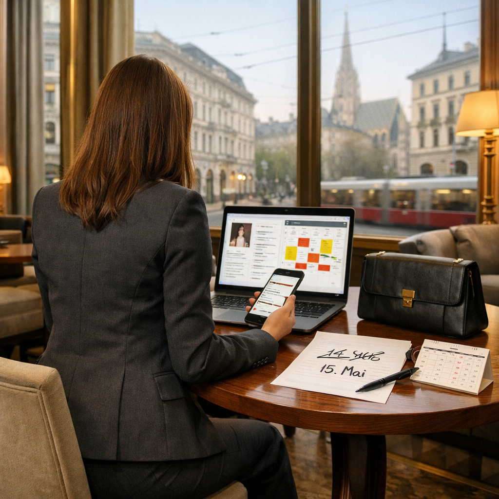 Escort in Vienna Austria sitzt im Hotel-Lounge, prüft Laptop, Smartphone und widersprüchliche Buchungsdaten am Tisch.
