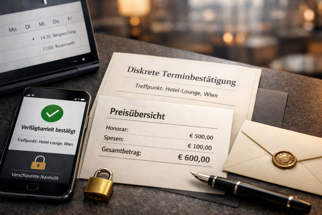Makroaufnahme eines diskreten Buchungstischs einer Vienna escort agency mit Smartphone, Kalender, Terminbestu00e4tigung und Preisu00fcbersicht.