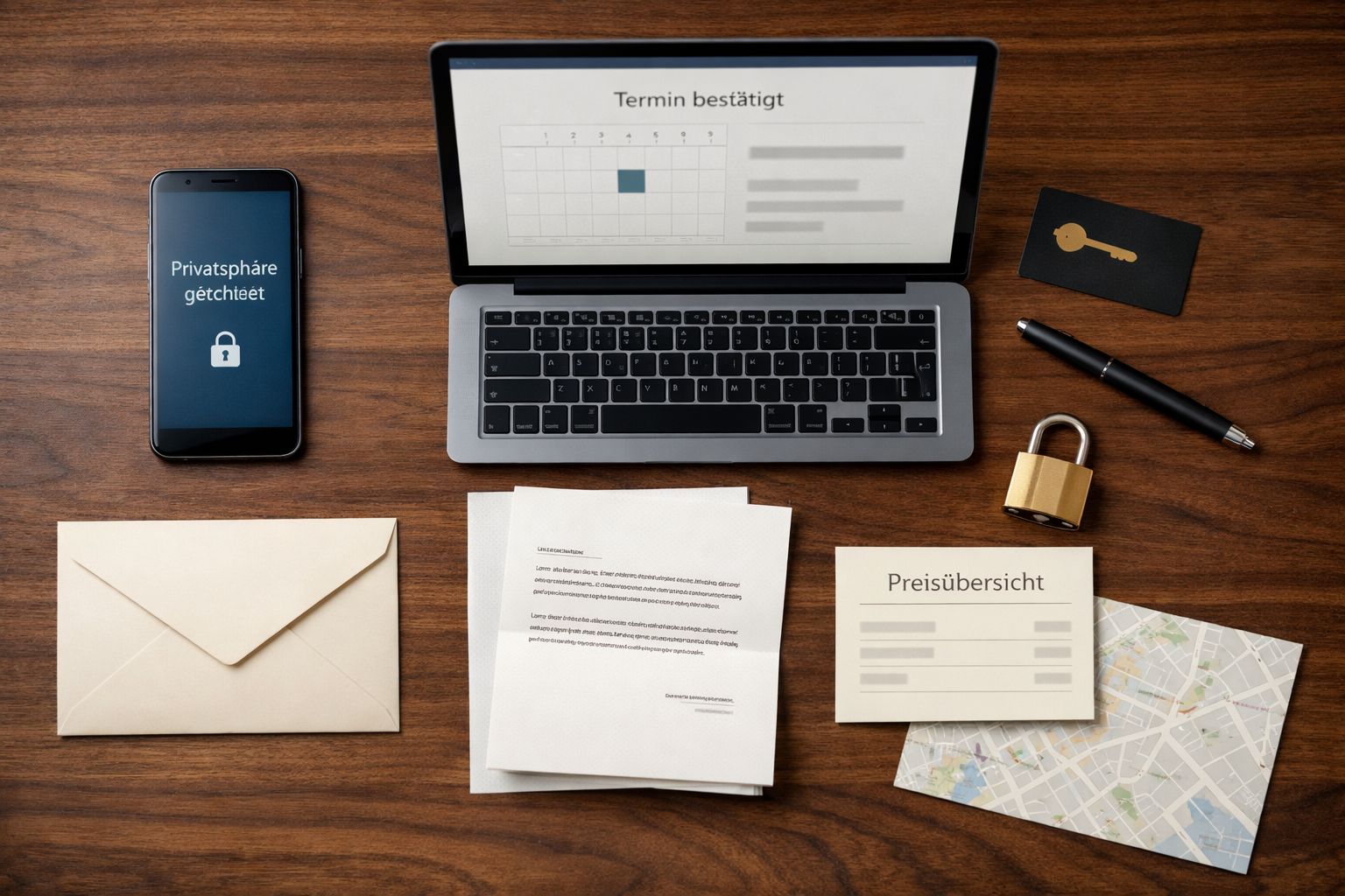 Datenschutzorientierter Buchungsarbeitsplatz in Wiener Hotellounge mit Smartphone, Laptop und Dokumenten einer Vienna escort agency.