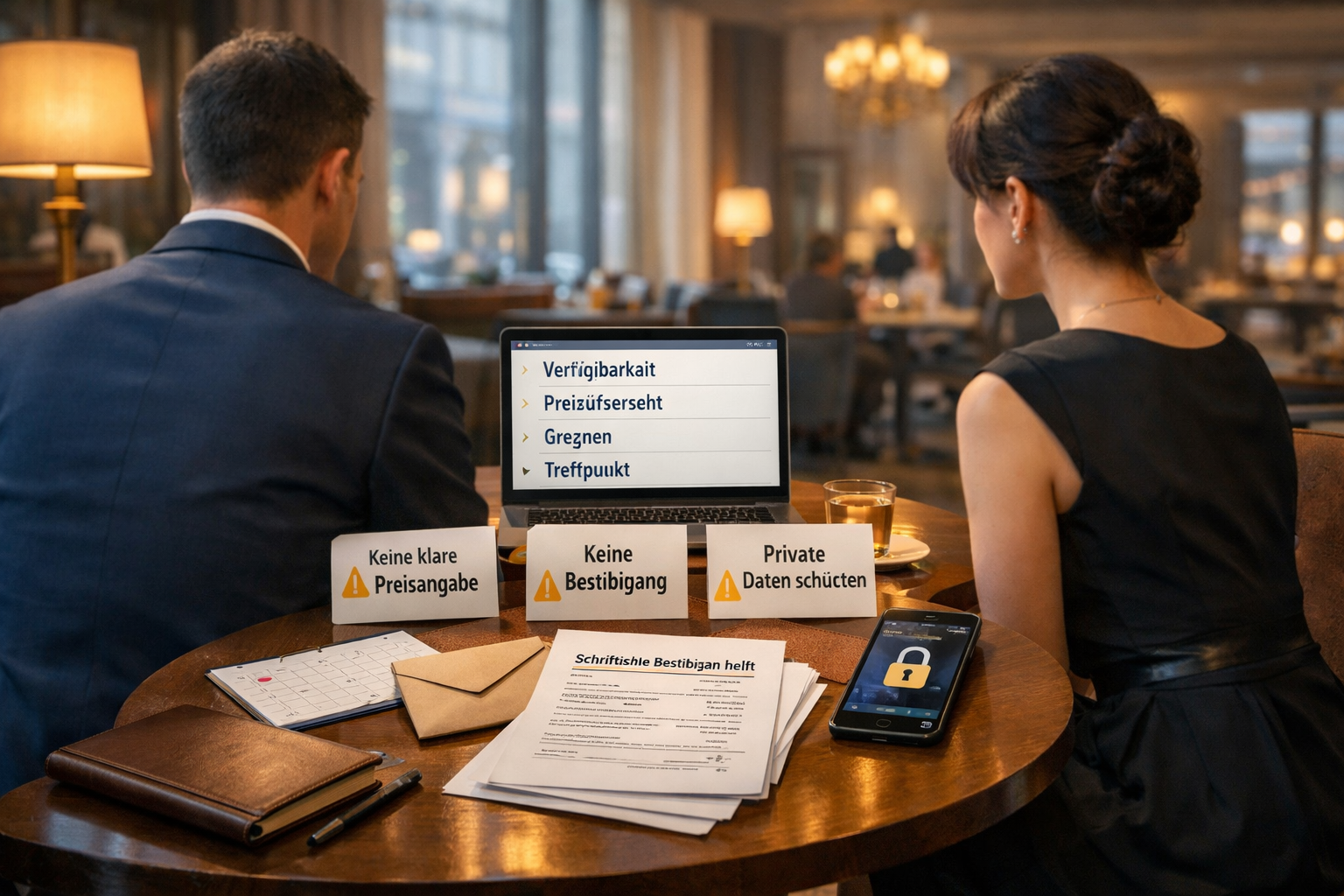 Vienna escort agency: Hotel-Lounge, zwei Personen prüfen Buchungsunterlagen mit Warnhinweisen, Laptop und geschütztem Smartphone.