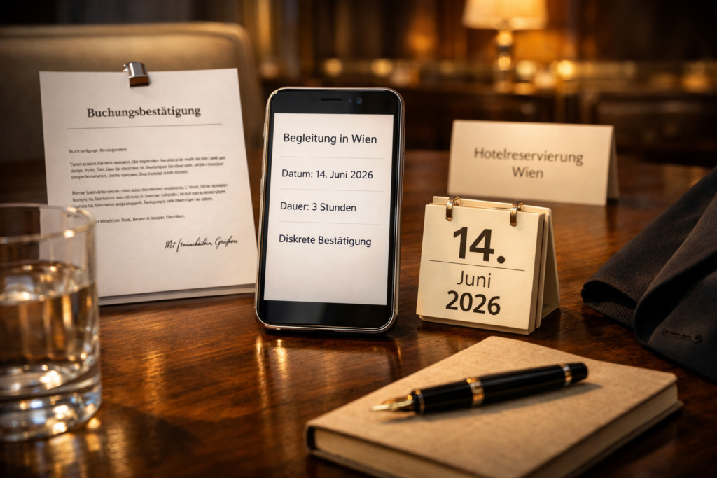 Private escort Vienna: Smartphone mit deutscher Buchungsbestu00e4tigung, Kalender und Notiz auf elegantem Walnussholz.