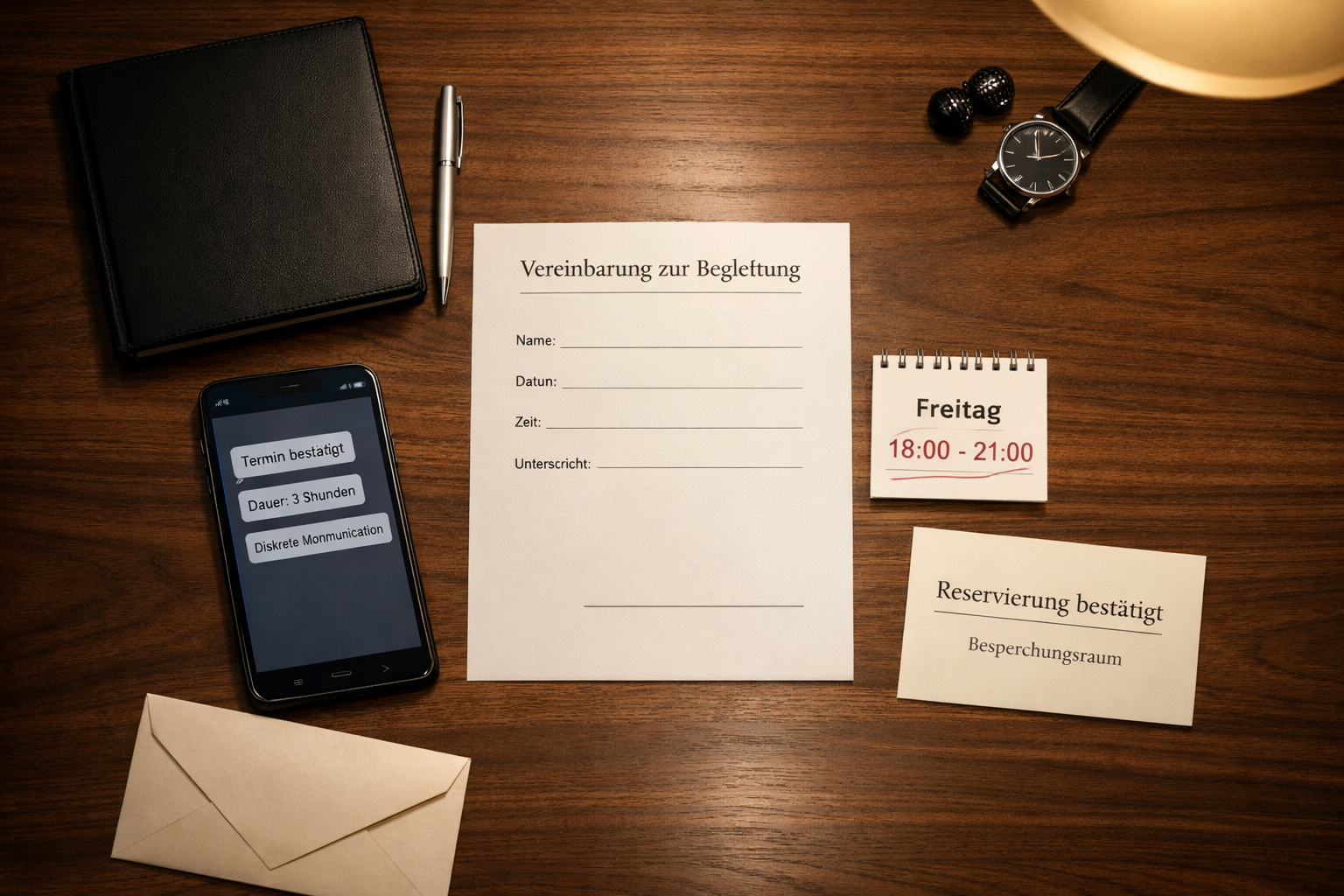 Private escort Vienna: Smartphone und blanke Vereinbarung bestätigen diskrete Buchung im Wiener Hotel.