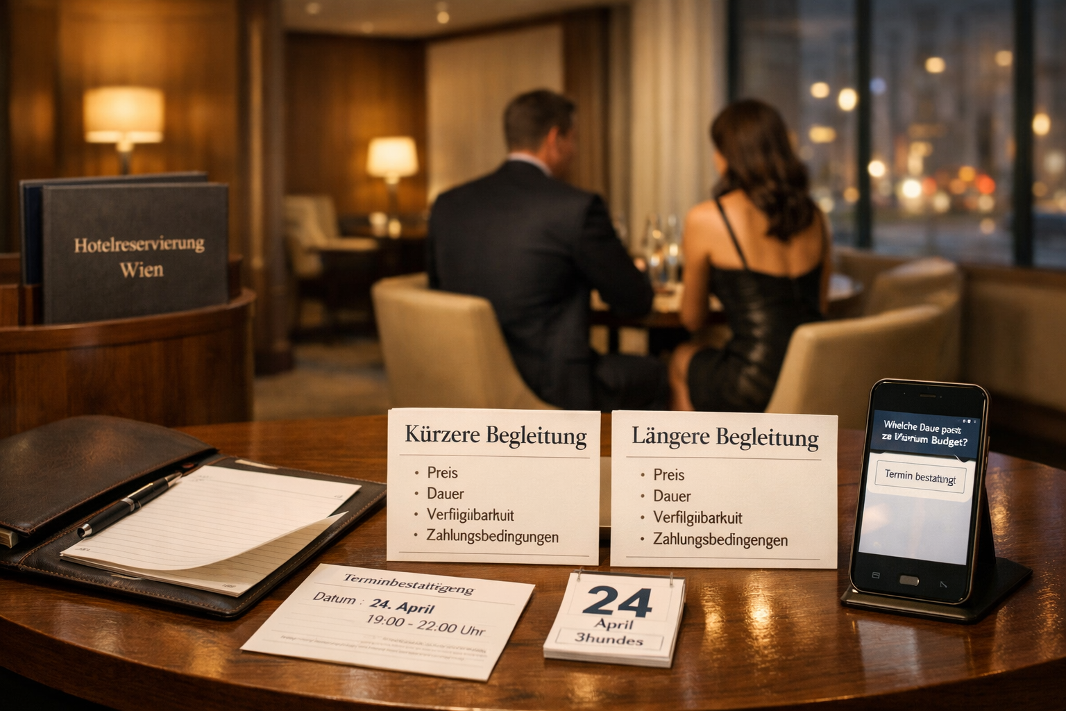 Private escort Vienna: Elegante Buchungsberatung im Wiener Hotellounge-Ambiente mit Optionen für kürzere oder längere Begleitung.
