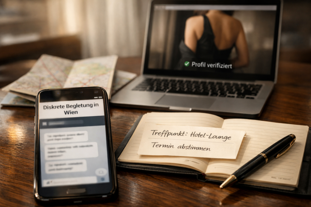 Discreet escort Vienna: Smartphone mit Wiener Begleitungsnachrichten, verifiziertem Profil, Stadtplan und Terminnotizen auf Walnussholz.
