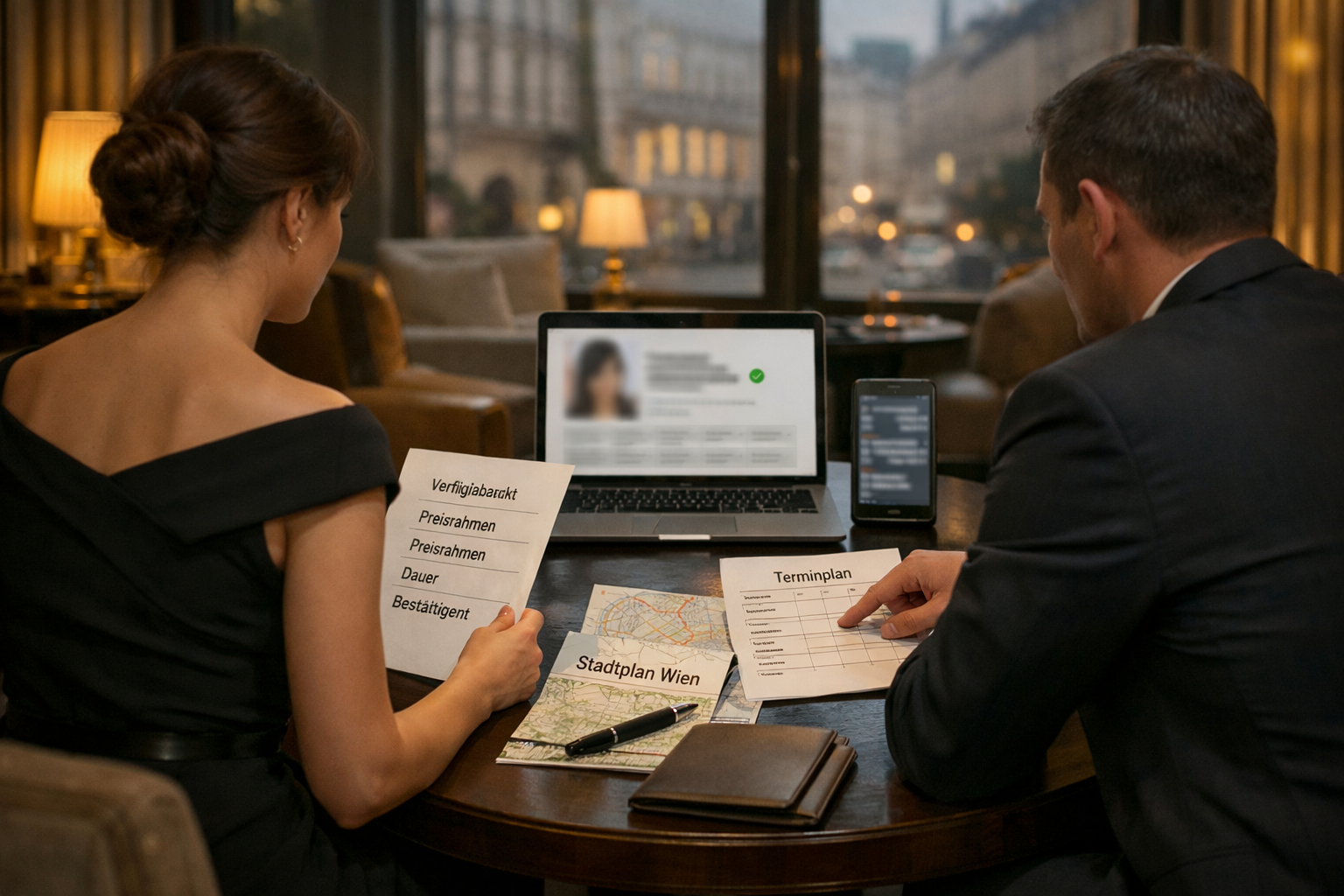 Discrete escort Vienna: Ruhige Wiener Hotellounge mit Beratung, Kalender, Laptop und geschwärzten Kontaktdaten.