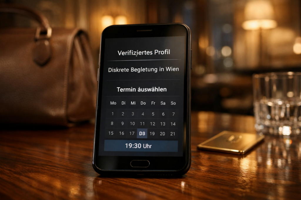 Schwarzes Smartphone mit u201eVerifiziertes Profilu201c und Terminwahl in Wien; u201eBrunette escort Viennau201c, Tasche und Hotelszene.