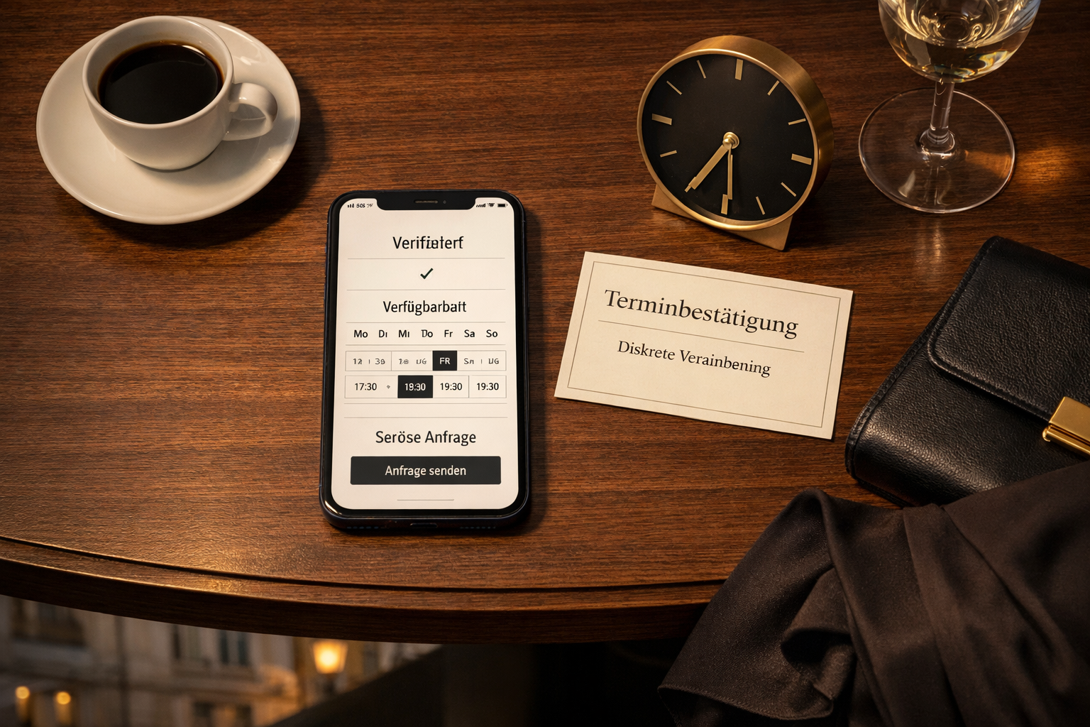 Brunette escort Vienna: Smartphone mit „Verifiziert“, Kalender, Terminbestätigung, Uhr und Tasche auf Walnussholz.