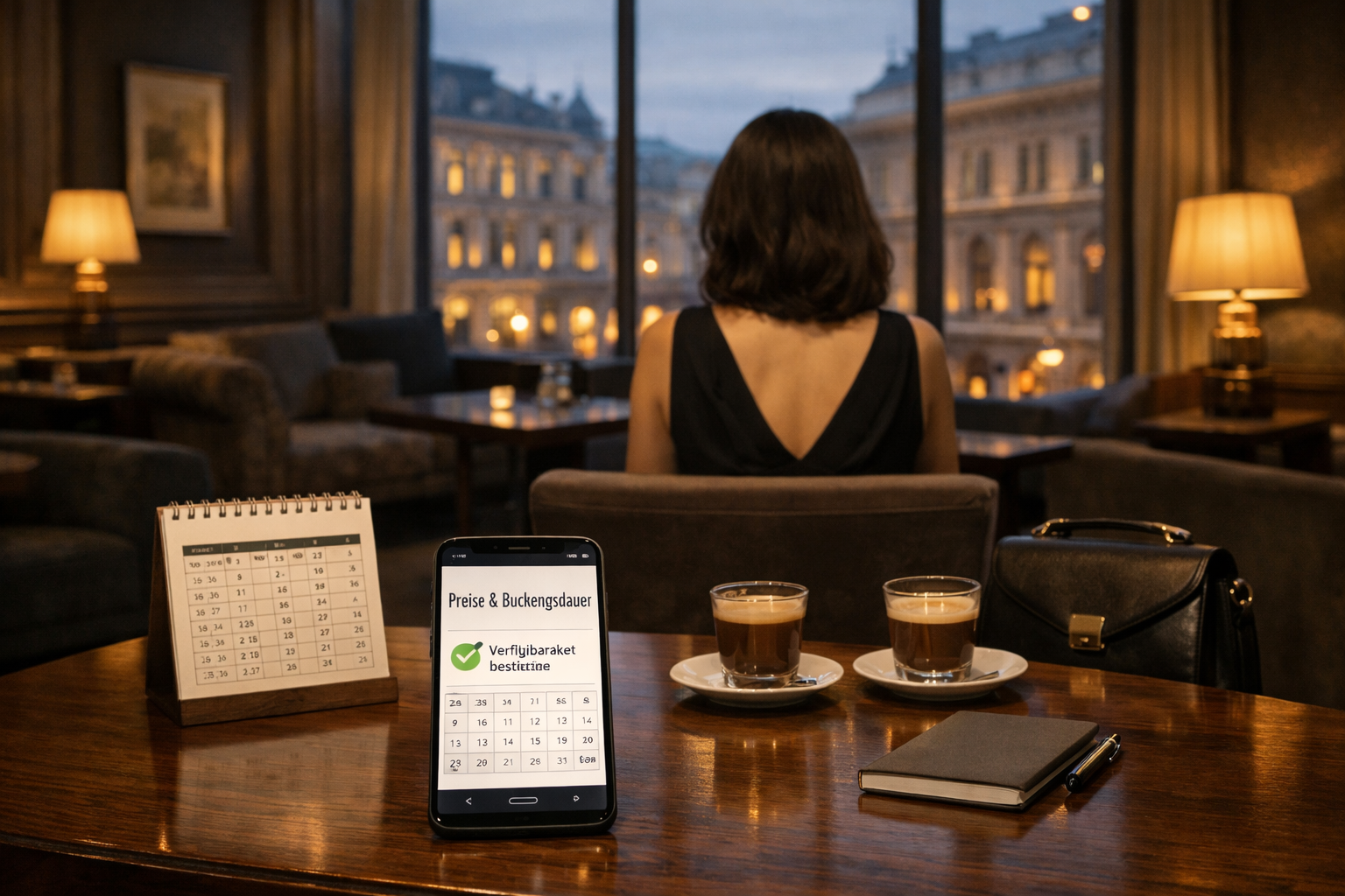 Brünette Escort Vienna sitzt im Wiener Hotellounge; Smartphone zeigt „Preise & Buchungsdauer“ und „Verfügbarkeit bestätigen“.