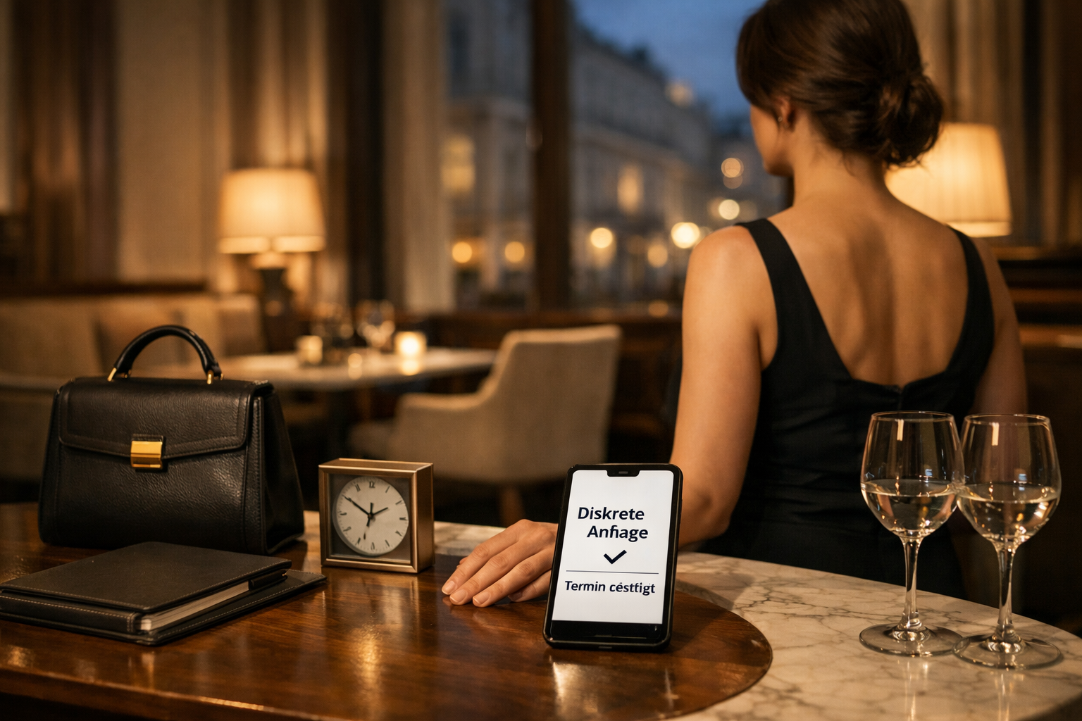 Brünette Escort Wien im Hotel-Lounge-Setting, von hinten neben Smartphone mit „Diskrete Anfrage“ und „Termin bestätigt“.