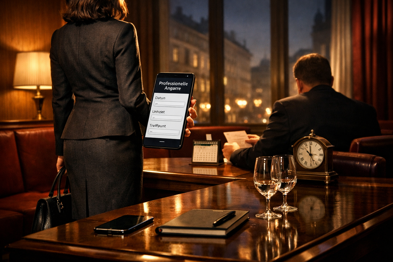 Brünette Escort Vienna im eleganten Hotel-Loungegespräch mit Smartphone, Handtasche und diskretem Ambiente.