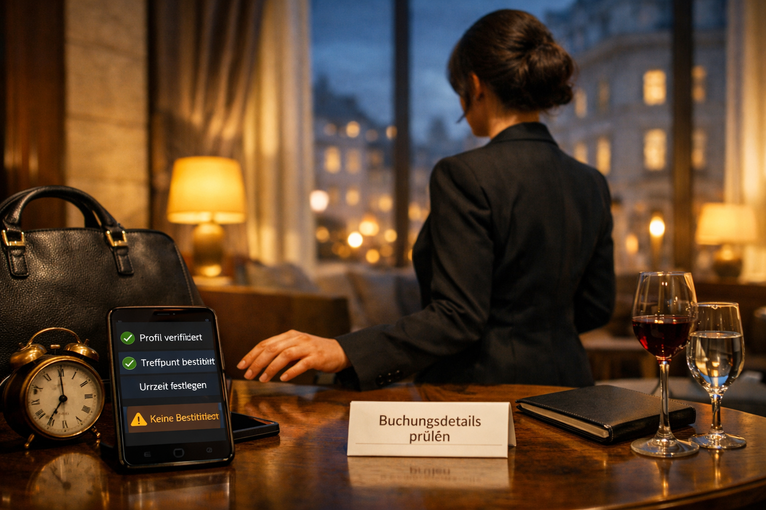 Brünette Escort Vienna im eleganten Hotellounge, Smartphone mit bestätigten Buchungsdetails auf Walnussholztisch.