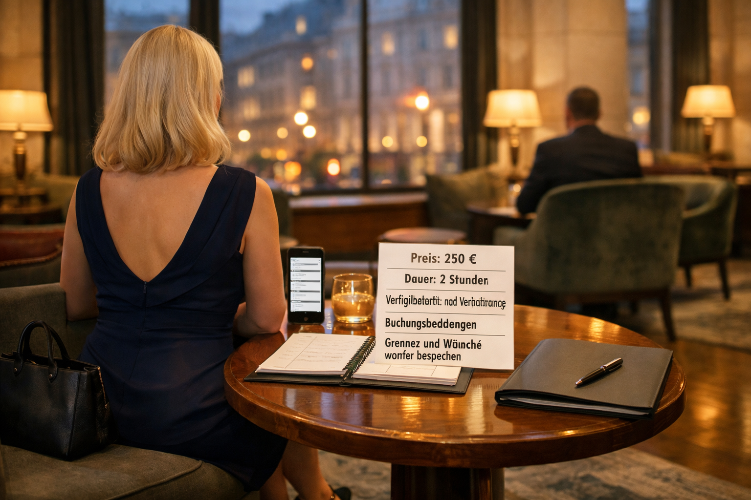Blonde escort Vienna im eleganten Hotel-Lounge, prüft am Tisch Buchungsunterlagen; zweiter Gast im Hintergrund, beide von hinten.